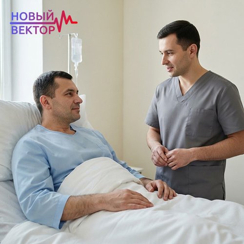 Врач-нарколог беседует с пациентом в палате наркологического центра, контролируя его состояние во время лечения алкогольной зависимости